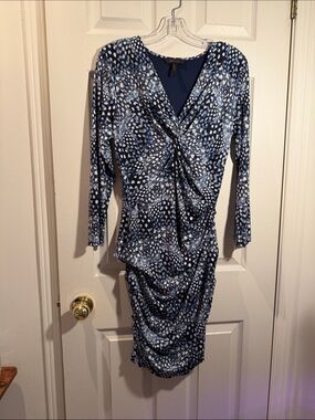 BCBGMaxAzria Navy and White Printed Twist-Front Long Sleeve Dress